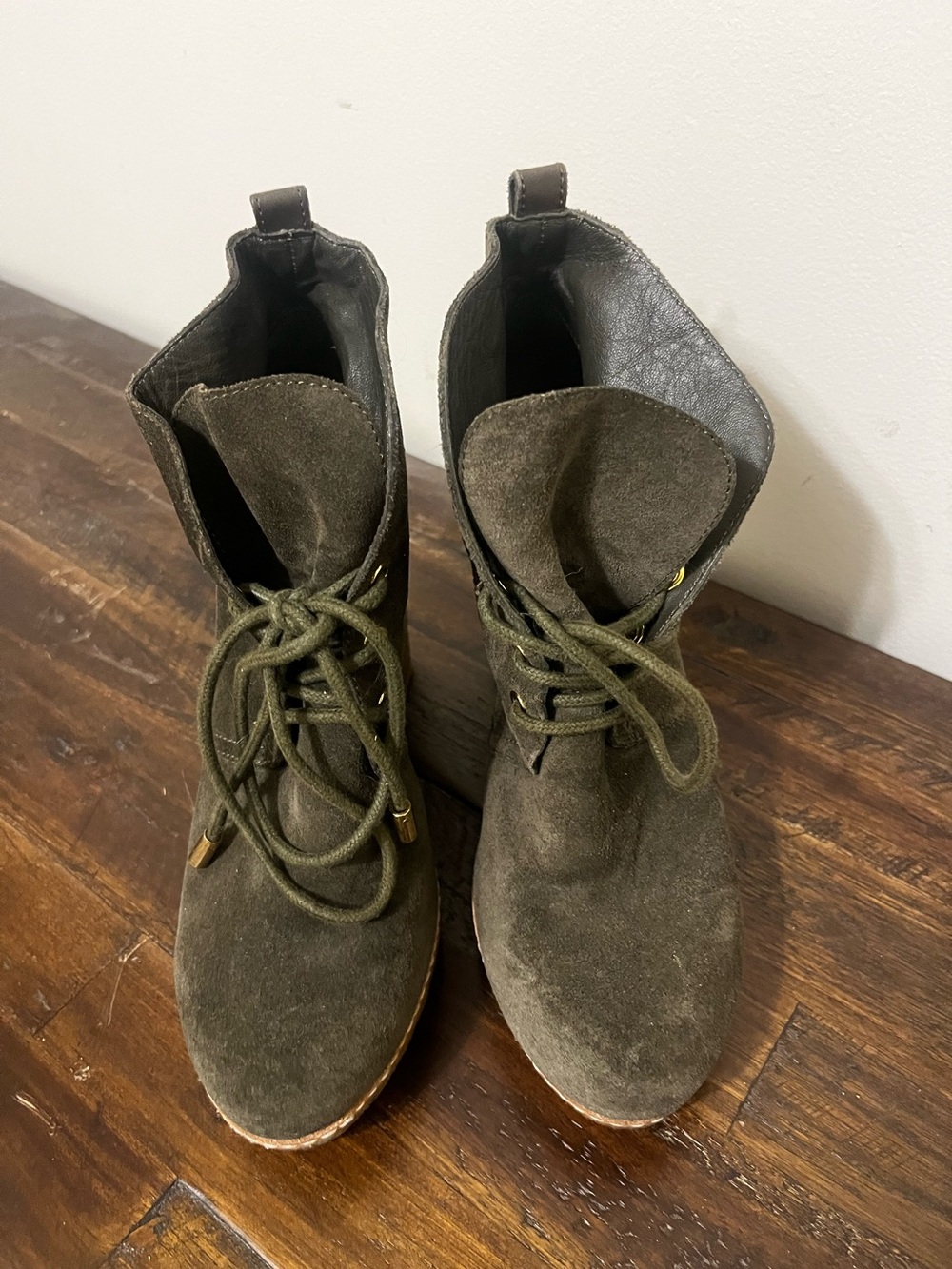 Tory Burch Olive Suede Lace-Up Ankle Boots with Tan Wood-Look Heel
